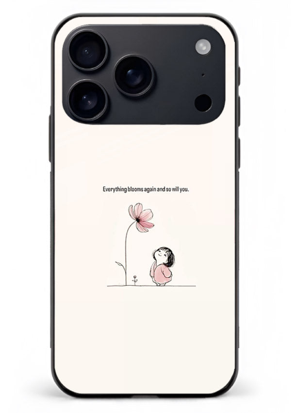 Girl-and-flower illustration printed on iphone 18 pro max glass back cover with warm delicate tones.