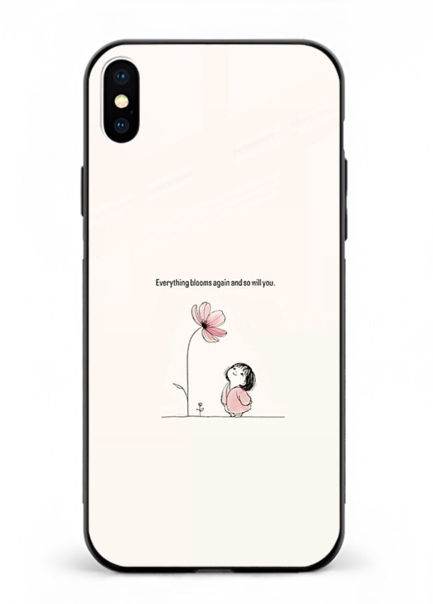 Girl-and-flower illustration printed on iphone xs max glass back cover with warm delicate tones.