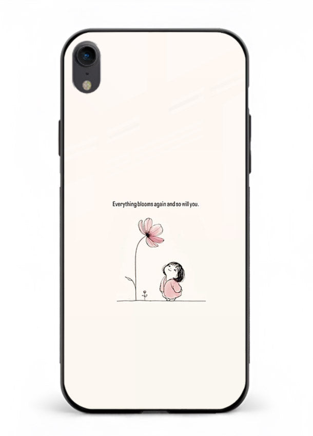 Girl-and-flower illustration printed on iphone xr glass back cover with warm delicate tones.