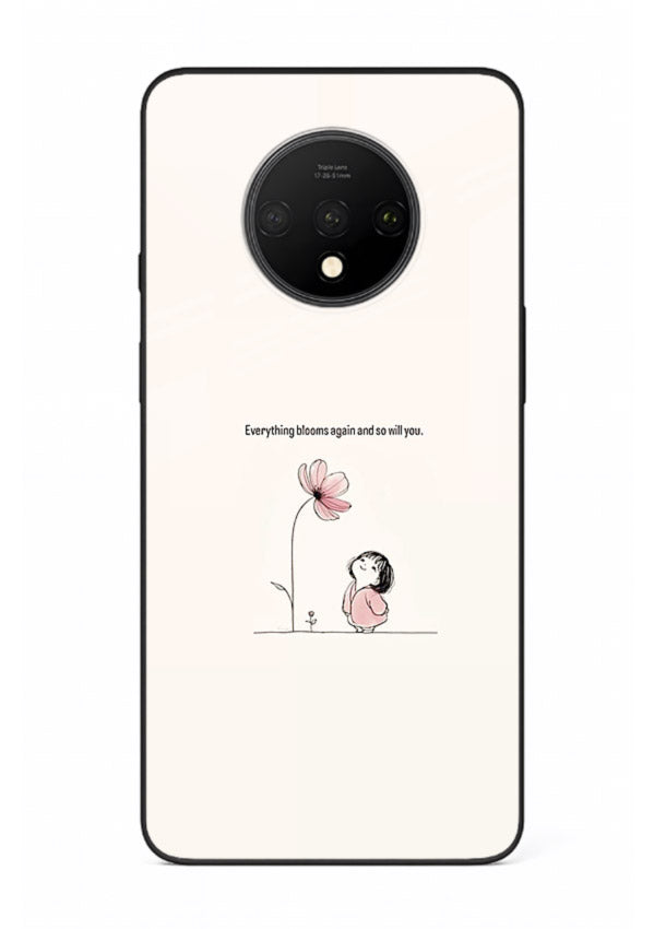 Girl-and-flower illustration printed on OnePlus 7T glass back cover with warm delicate tones.