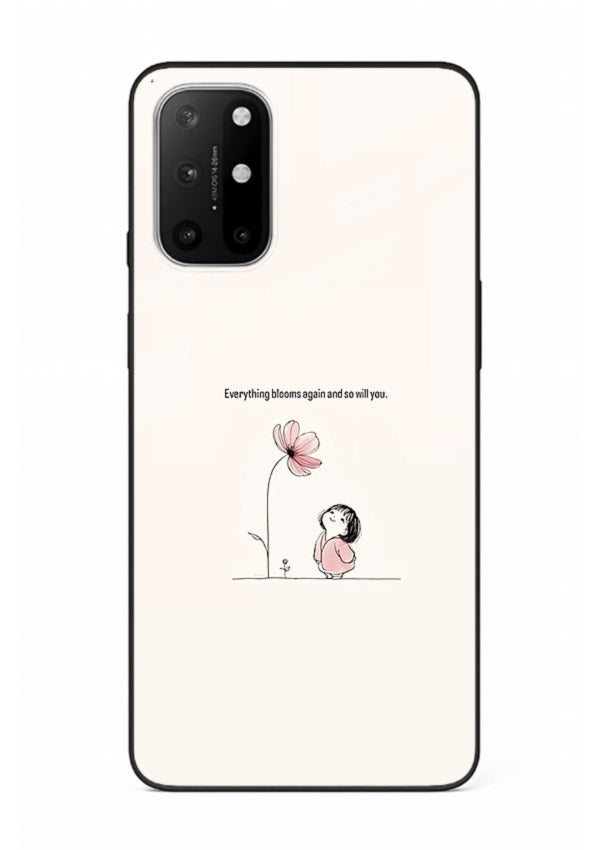 Girl-and-flower illustration printed on OnePlus 8T glass back cover with warm delicate tones.