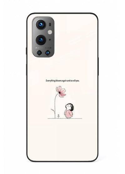 Girl-and-flower illustration printed on OnePlus 9 glass back cover with warm delicate tones.