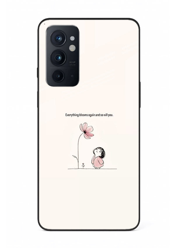 Girl-and-flower illustration printed on OnePlus 9RT glass back cover with warm delicate tones.