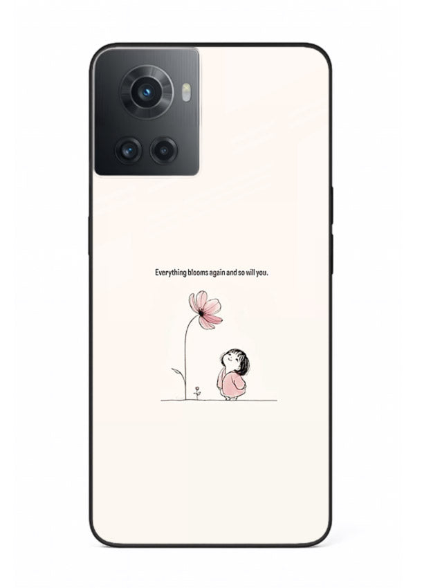 Girl-and-flower illustration printed on OnePlus 10R glass back cover with warm delicate tones.