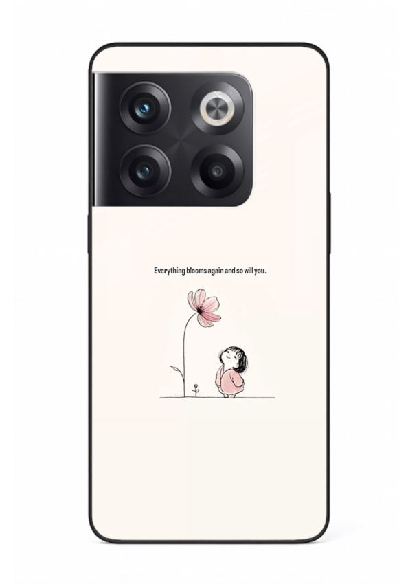 Girl-and-flower illustration printed on OnePlus 10T glass back cover with warm delicate tones.