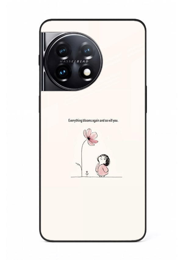 Girl-and-flower illustration printed on OnePlus 11R glass back cover with warm delicate tones.