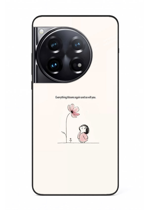 Girl-and-flower illustration printed on OnePlus 12 glass back cover with warm delicate tones.