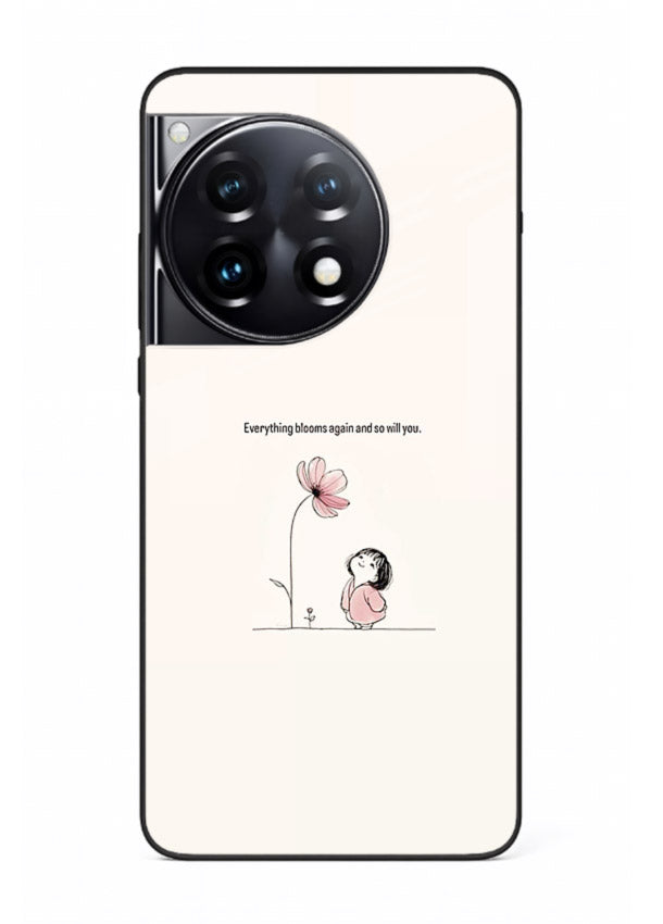 Girl-and-flower illustration printed on OnePlus 12R glass back cover with warm delicate tones.