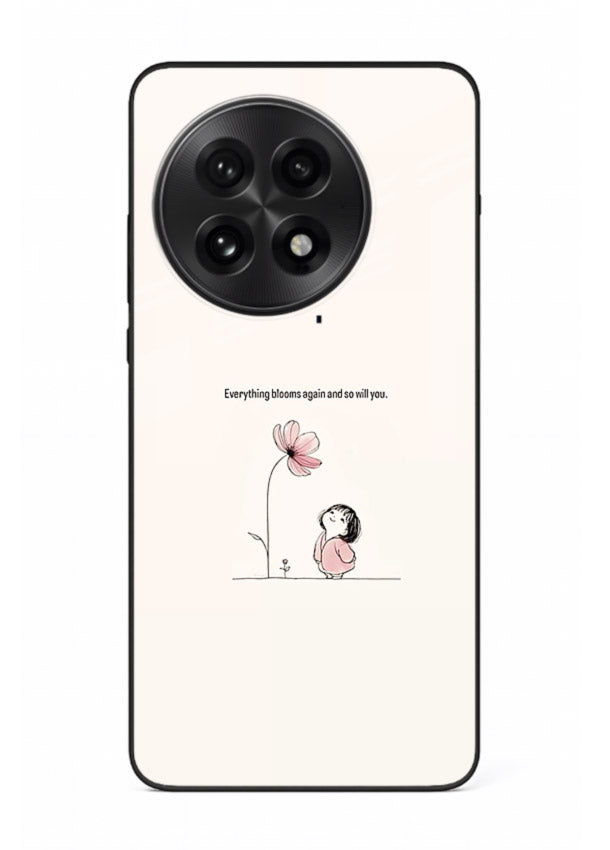 Girl-and-flower illustration printed on OnePlus 13R glass back cover with warm delicate tones.