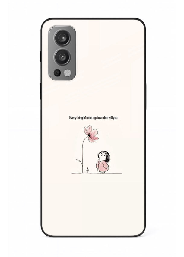 Girl-and-flower illustration printed on OnePlus Nord 2 glass back cover with warm delicate tones.