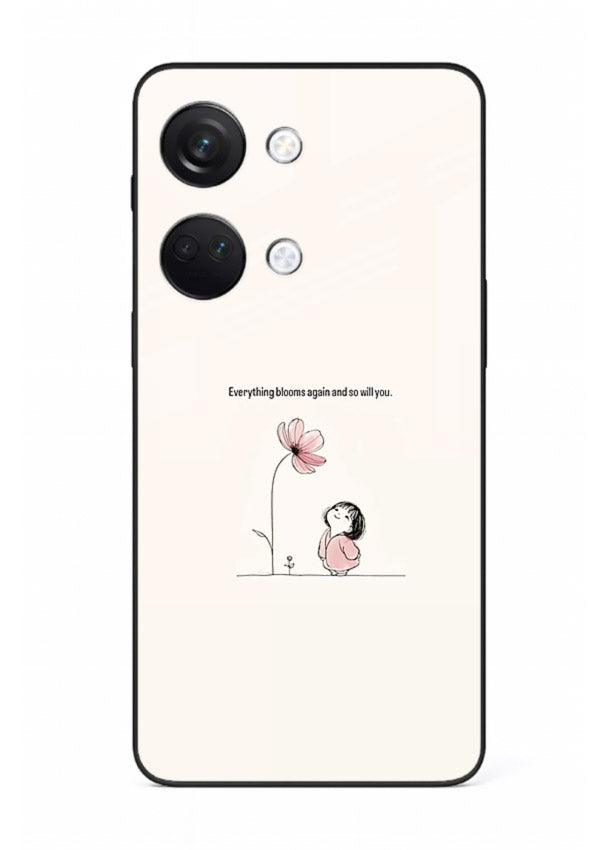 Girl-and-flower illustration printed on OnePlus Nord 3 glass back cover with warm delicate tones.