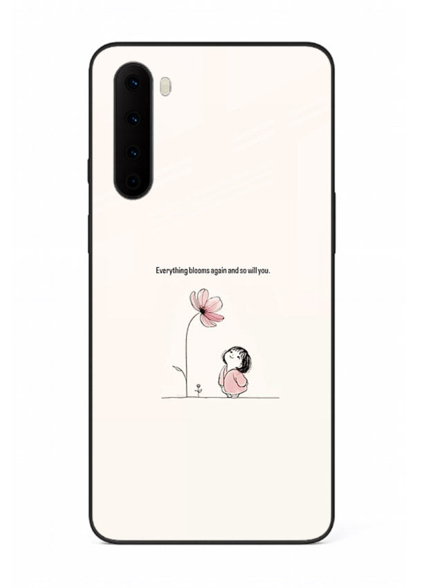 Girl-and-flower illustration printed on OnePlus Nord glass back cover with warm delicate tones.