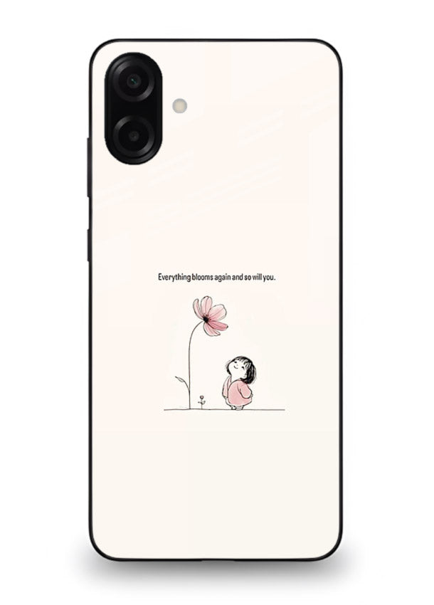 Girl-and-flower illustration printed on Samsung A07 4G glass back cover with warm delicate tones.