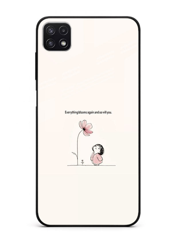Girl-and-flower illustration printed on Samsung F42 5G glass back cover with warm delicate tones.