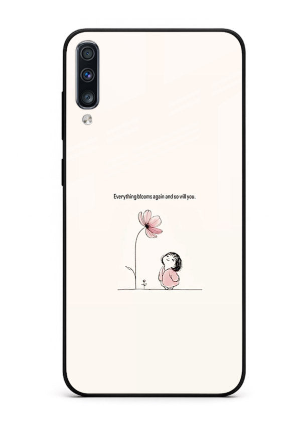 Girl-and-flower illustration printed on Samsung A70 glass back cover with warm delicate tones.