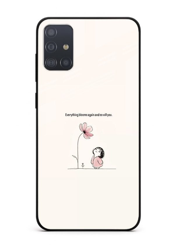 Girl-and-flower illustration printed on Samsung A71 glass back cover with warm delicate tones.