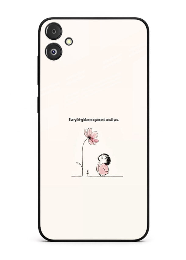 Girl-and-flower illustration printed on Samsung F04 5G glass back cover with warm delicate tones.