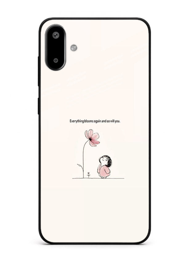 Girl-and-flower illustration printed on Samsung F06 5G glass back cover with warm delicate tones.