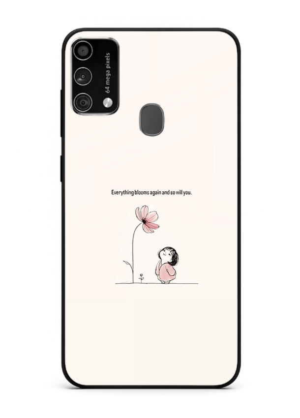 Girl-and-flower illustration printed on Samsung F41 glass back cover with warm delicate tones.