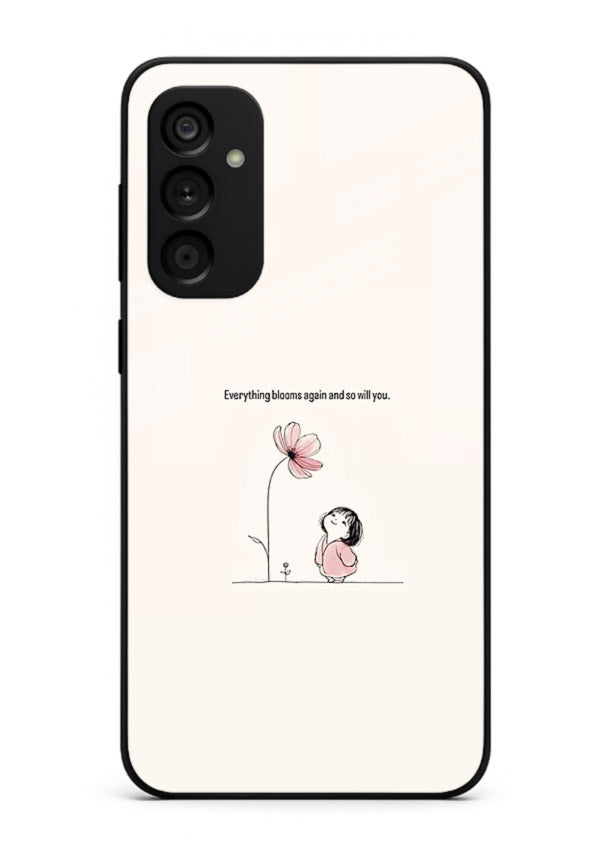 Girl-and-flower illustration printed on Samsung F54 5G glass back cover with warm delicate tones.