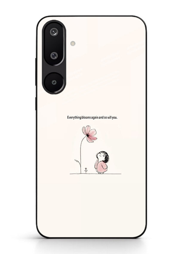 Girl-and-flower illustration printed on Samsung M16 5G glass back cover with warm delicate tones.