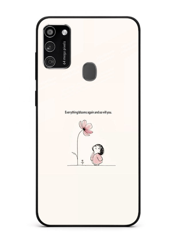 Girl-and-flower illustration printed on Samsung M30s glass back cover with warm delicate tones.