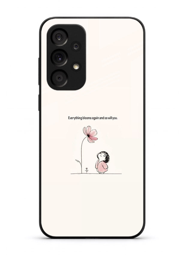 Girl-and-flower illustration printed on Samsung A33 5G glass back cover with warm delicate tones.