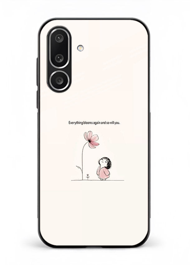 Girl-and-flower illustration printed on Samsung F56 5G glass back cover with warm delicate tones.