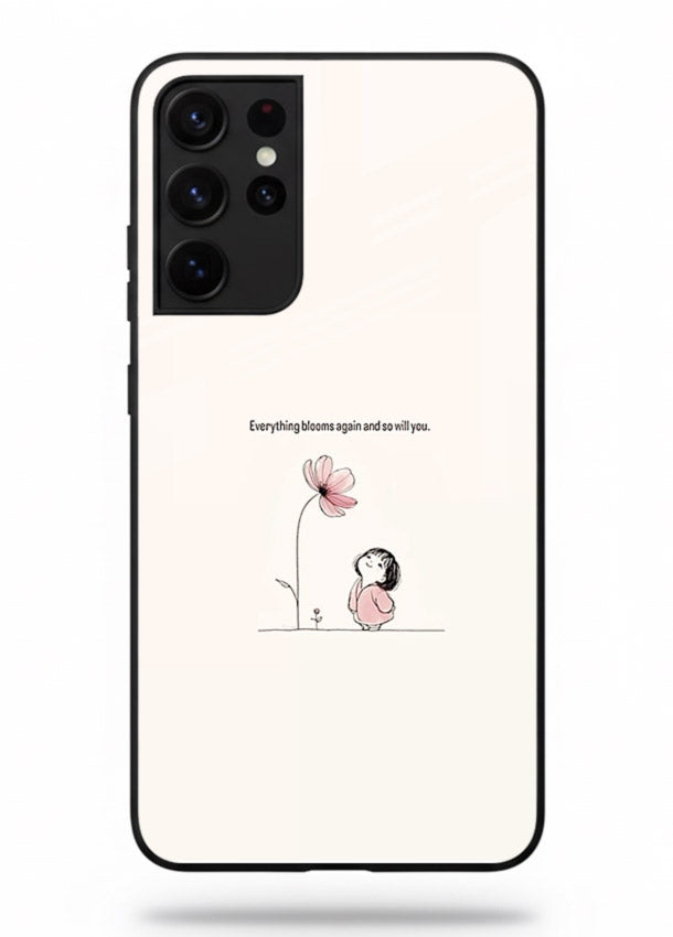 Girl-and-flower illustration printed on Samsung S21 Ultra glass back cover with warm delicate tones.