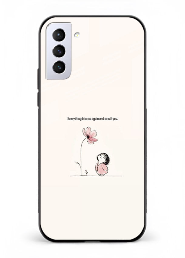 Girl-and-flower illustration printed on Samsung S21 FE glass back cover with warm delicate tones.