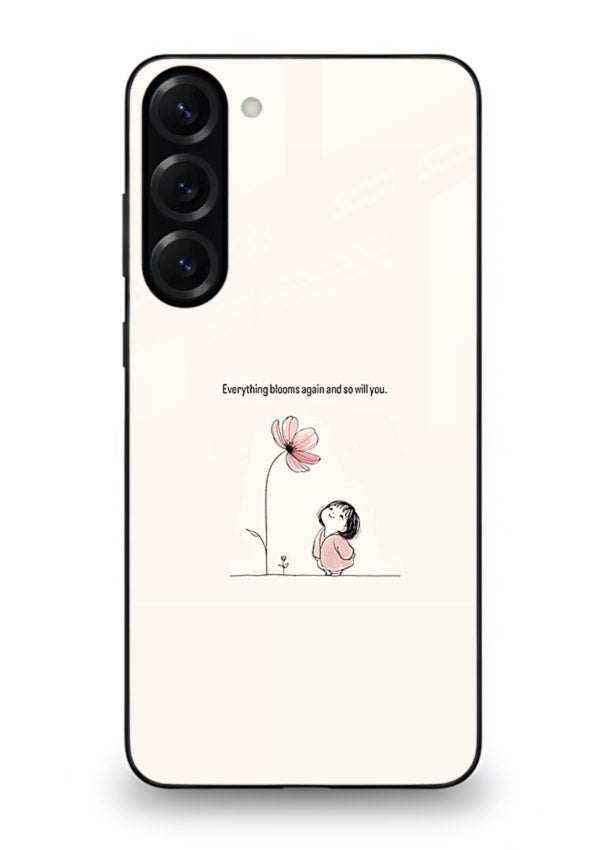 Girl-and-flower illustration printed on Samsung S23 Plus glass back cover with warm delicate tones.