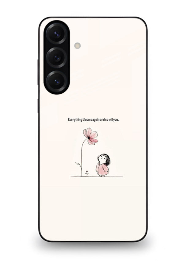 Girl-and-flower illustration printed on Samsung S23 FE glass back cover with warm delicate tones.