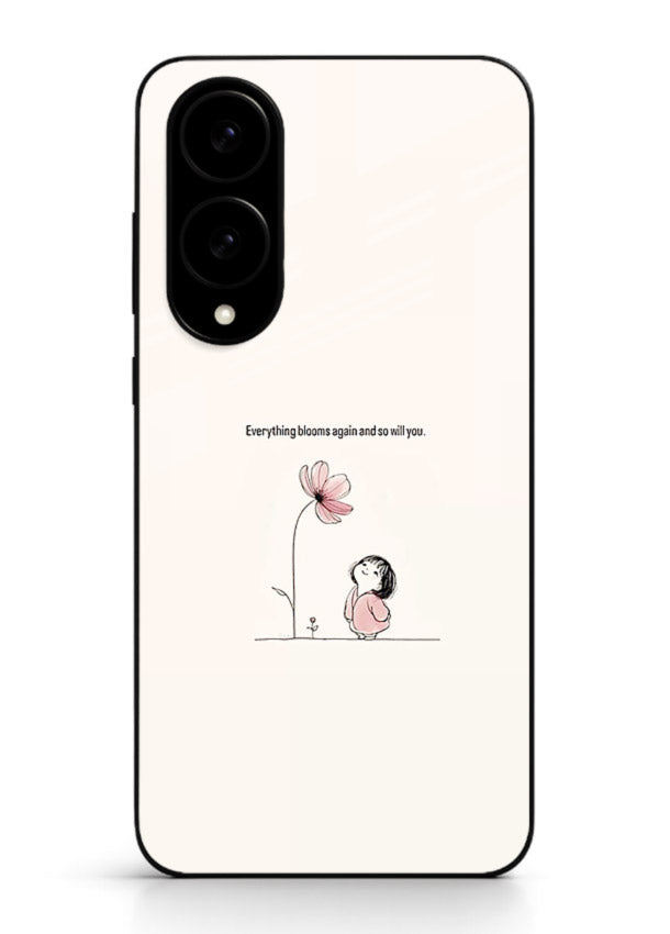Girl-and-flower illustration printed on Samsung S25 Edge glass back cover with warm delicate tones.