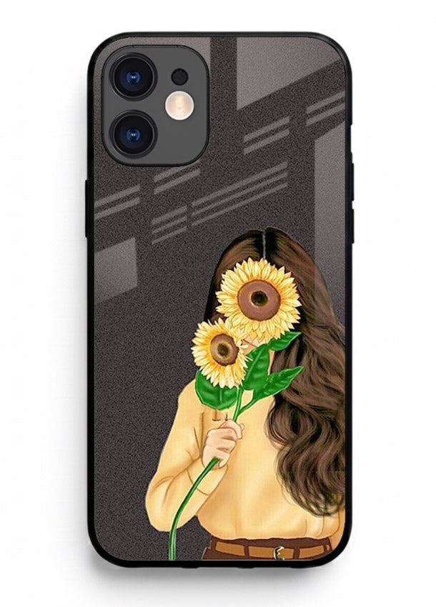 Sunflower collage artwork printed on iphone 12 mini glass back cover with bright uplifting tones.