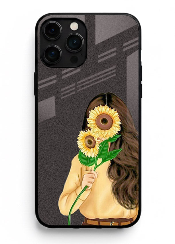 Sunflower collage artwork printed on iphone 16 pro max glass back cover with bright uplifting tones.