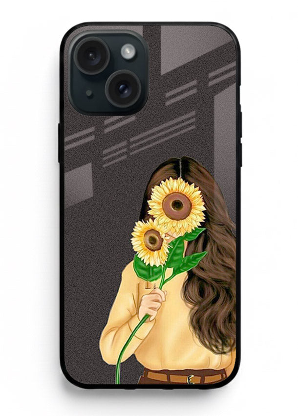 Sunflower collage artwork printed on iphone 15 plus glass back cover with bright uplifting tones.