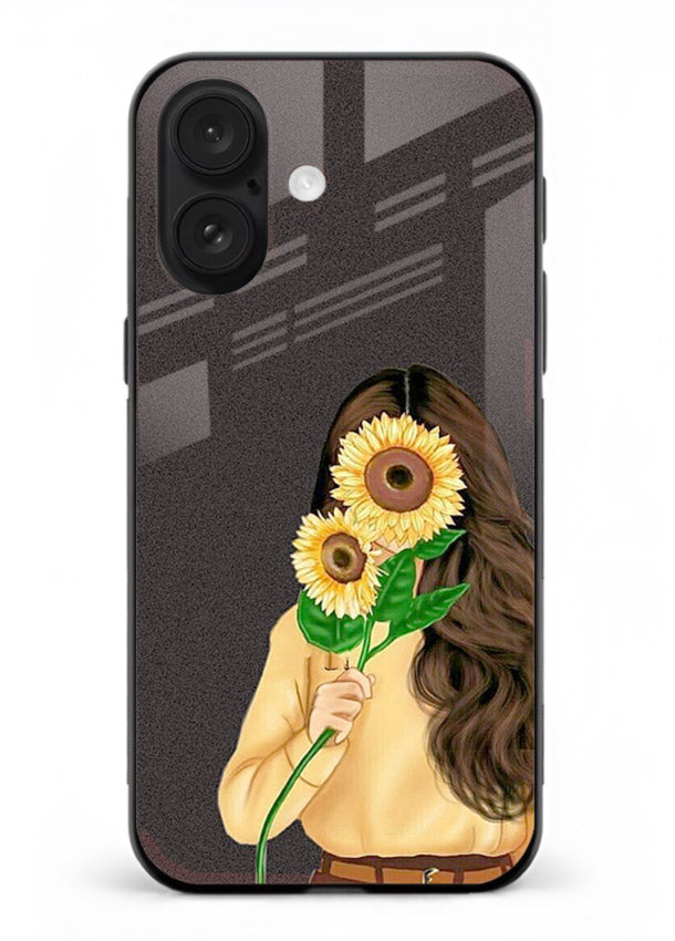 Sunflower collage artwork printed on iphone 17 glass back cover with bright uplifting tones.