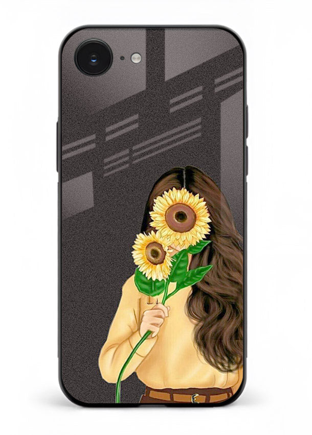 Sunflower collage artwork printed on iphone 16e glass back cover with bright uplifting tones.