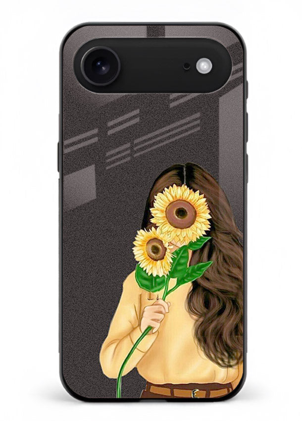 Sunflower collage artwork printed on iphone 18 air glass back cover with bright uplifting tones.
