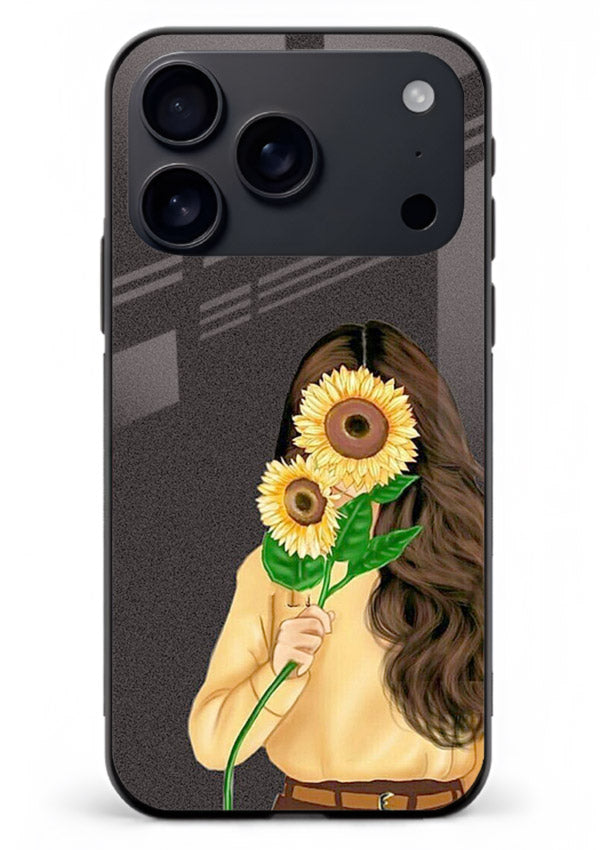 Sunflower collage artwork printed on iphone 17 pro max glass back cover with bright uplifting tones.