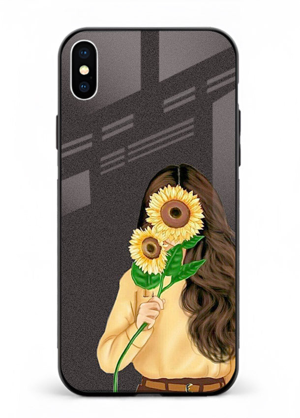 Sunflower collage artwork printed on iphone xs max glass back cover with bright uplifting tones.