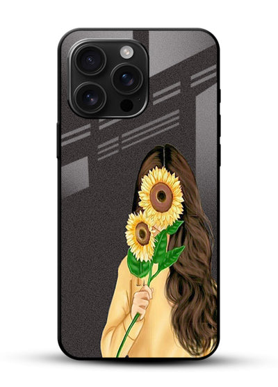 Sunflower collage artwork printed on glossy vibrant premium glass back cover with bright uplifting tones. - Angle Front