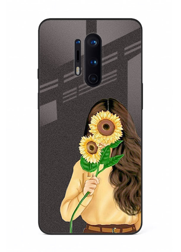 Sunflower collage artwork printed on OnePlus 8 Pro glass back cover with bright uplifting tones.