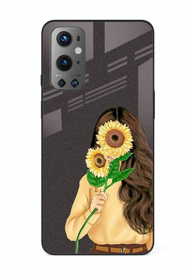 Sunflower collage artwork printed on OnePlus 9 glass back cover with bright uplifting tones.