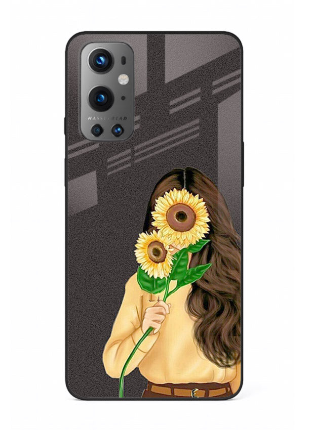 Sunflower collage artwork printed on OnePlus 9 glass back cover with bright uplifting tones.