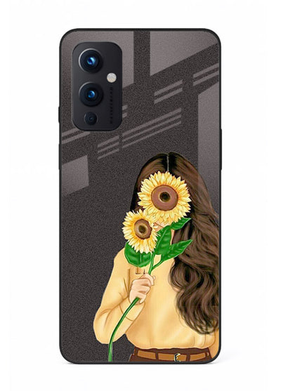 Sunflower collage artwork printed on OnePlus 9 Pro glass back cover with bright uplifting tones.
