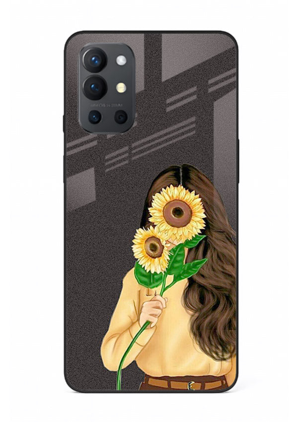 Sunflower collage artwork printed on OnePlus 9R glass back cover with bright uplifting tones.