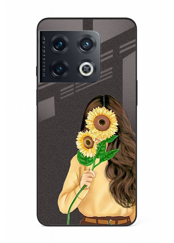 Sunflower collage artwork printed on OnePlus 10 Pro glass back cover with bright uplifting tones.