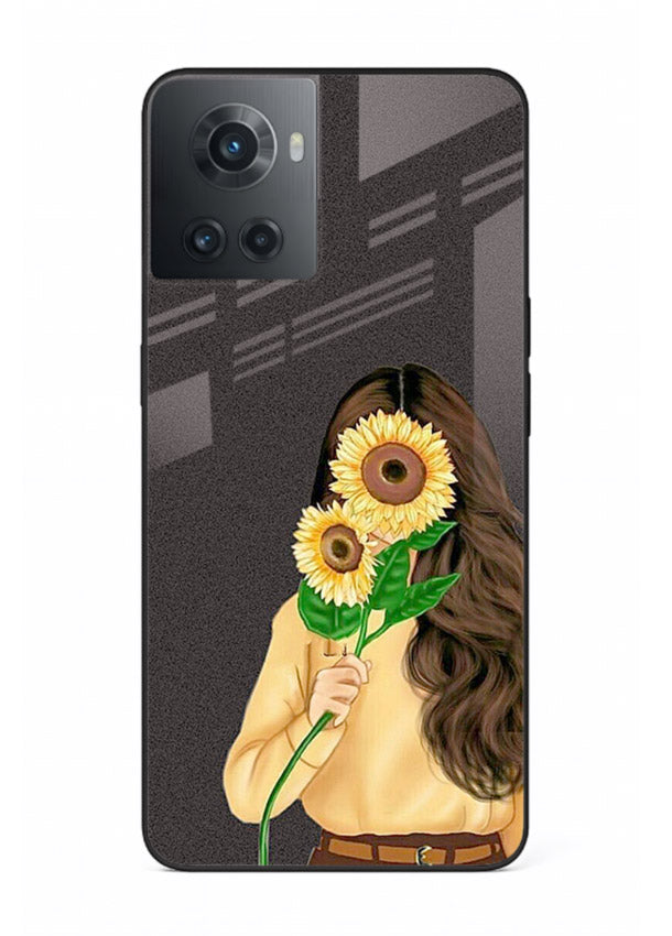 Sunflower collage artwork printed on OnePlus 10R glass back cover with bright uplifting tones.
