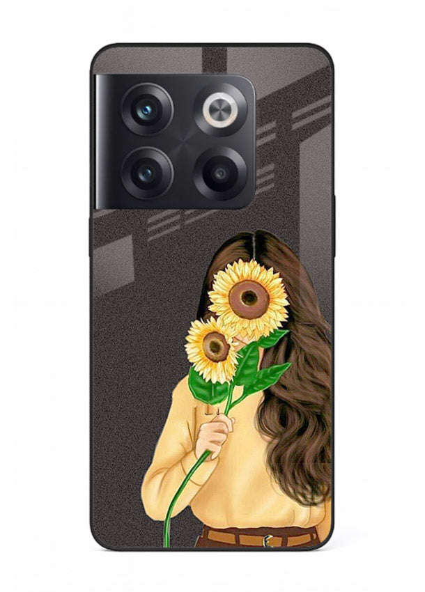 Sunflower collage artwork printed on OnePlus 10T glass back cover with bright uplifting tones.